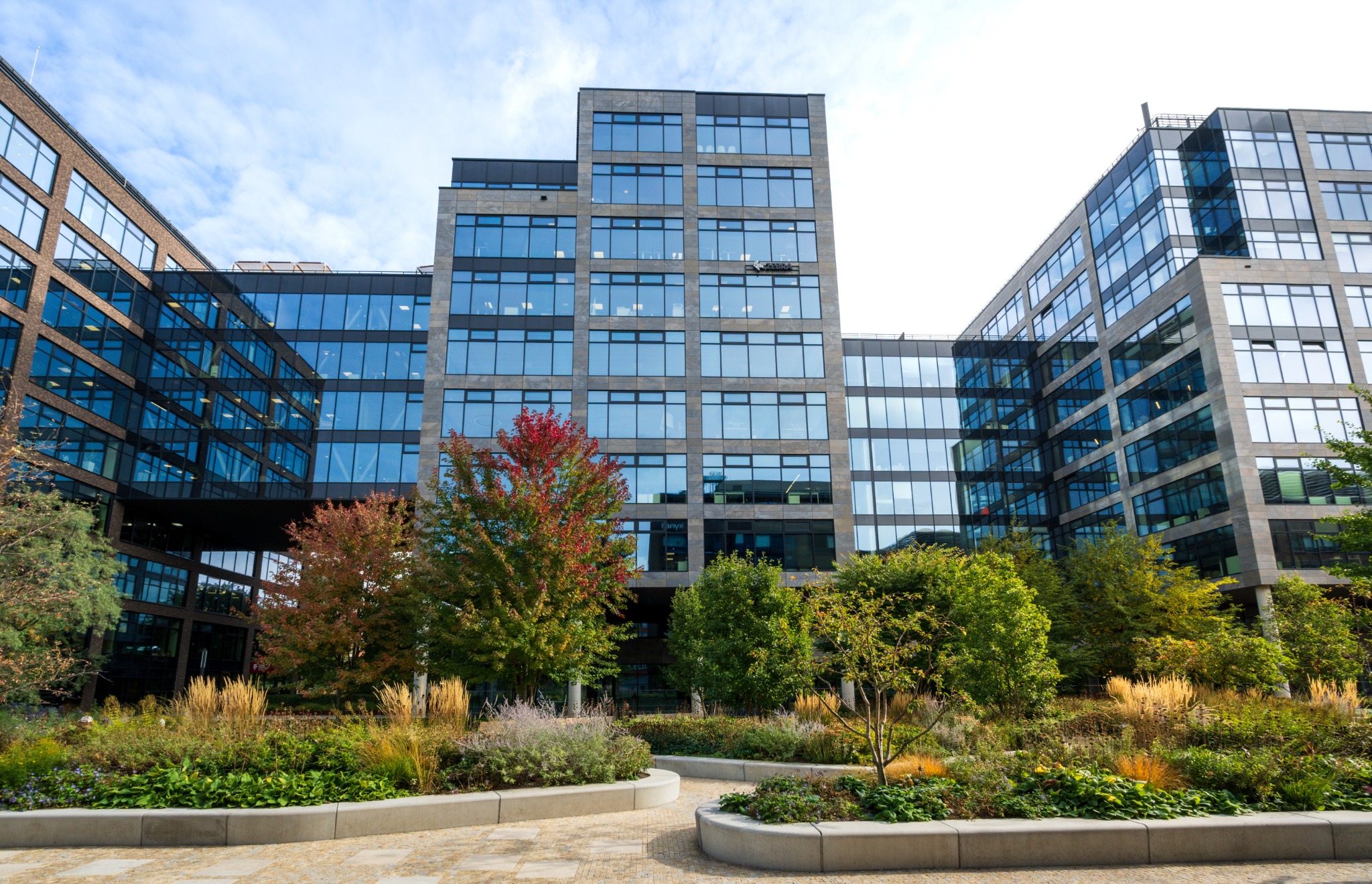 Corporate campus with modern office buildings and landscaped grounds